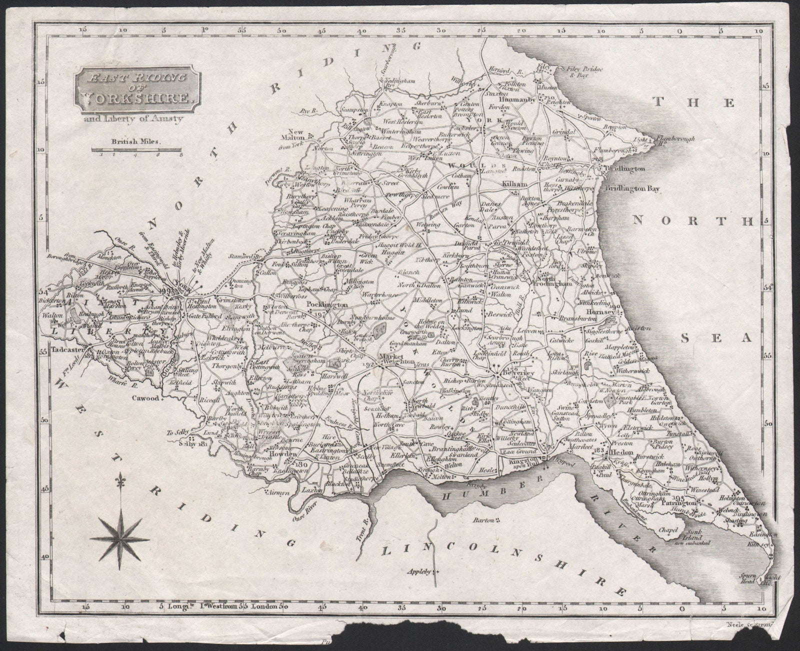 East Riding of Yorkshire and Liberty of Ainsty. NEELE c1818 old antique map
